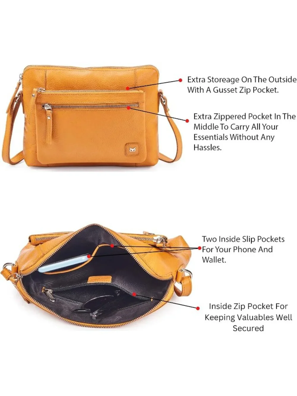 Women's Mustard  Genuine Leather Sling Purse with Adjustable Strap Crossbody bag